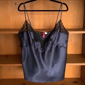 Y2K Inspired Plus Size Satin Lace Camisole Navy Blue Lingerie Top Size 1X